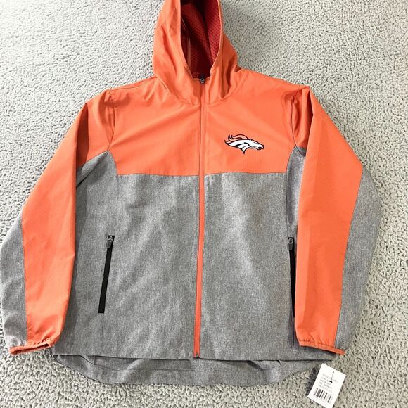 NFL Denver Broncos Jacket Mens‎ Large Windbreaker Full Zip Hooded Logo New - Picture 1 of 8
